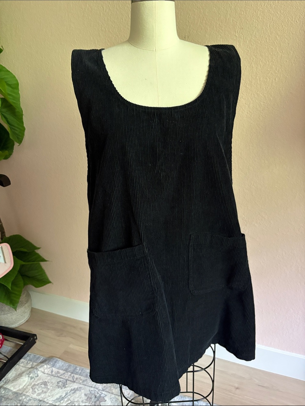 Vintage Black Corduroy Pinafore Dress with Pockets